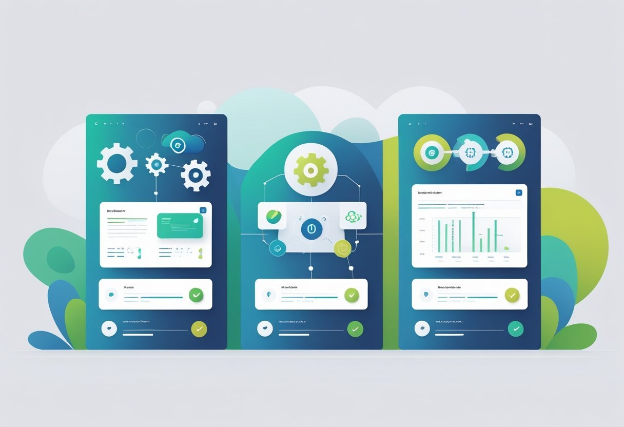 Five distinct interface panels side by side, each showing abstract icons and symbols representing automation and technology, arranged to compare no-code automation platforms.