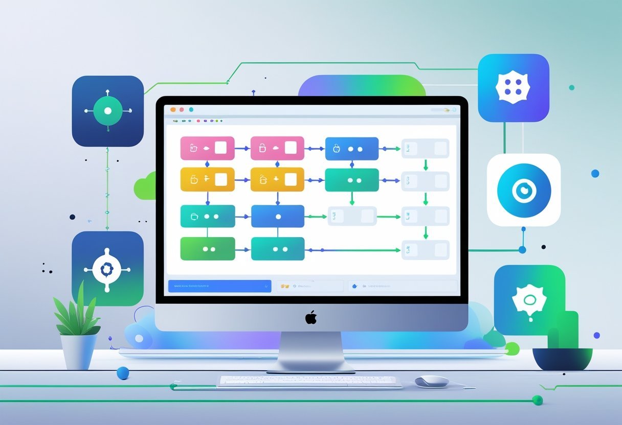 A modern workspace with a computer showing a visual workflow builder and five distinct icons representing different no-code automation platforms floating around it.