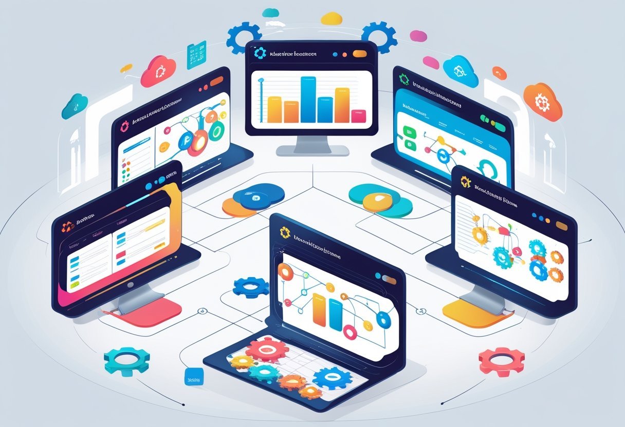 Illustration showing five digital dashboards with icons and flowcharts representing different no-code automation platforms arranged in an organized layout.