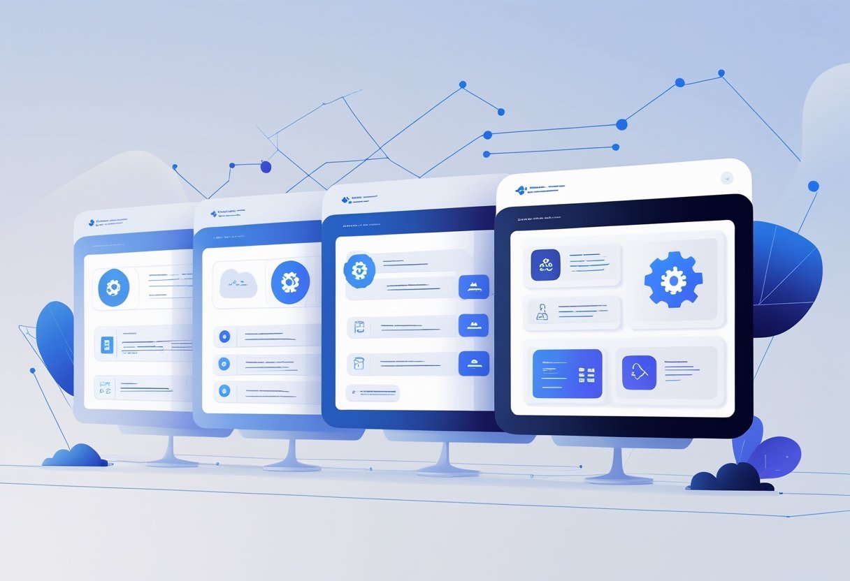 Five digital interface panels representing different no-code automation platforms, with one panel highlighted to indicate focus on a specific platform, surrounded by abstract technology and connectivity elements.