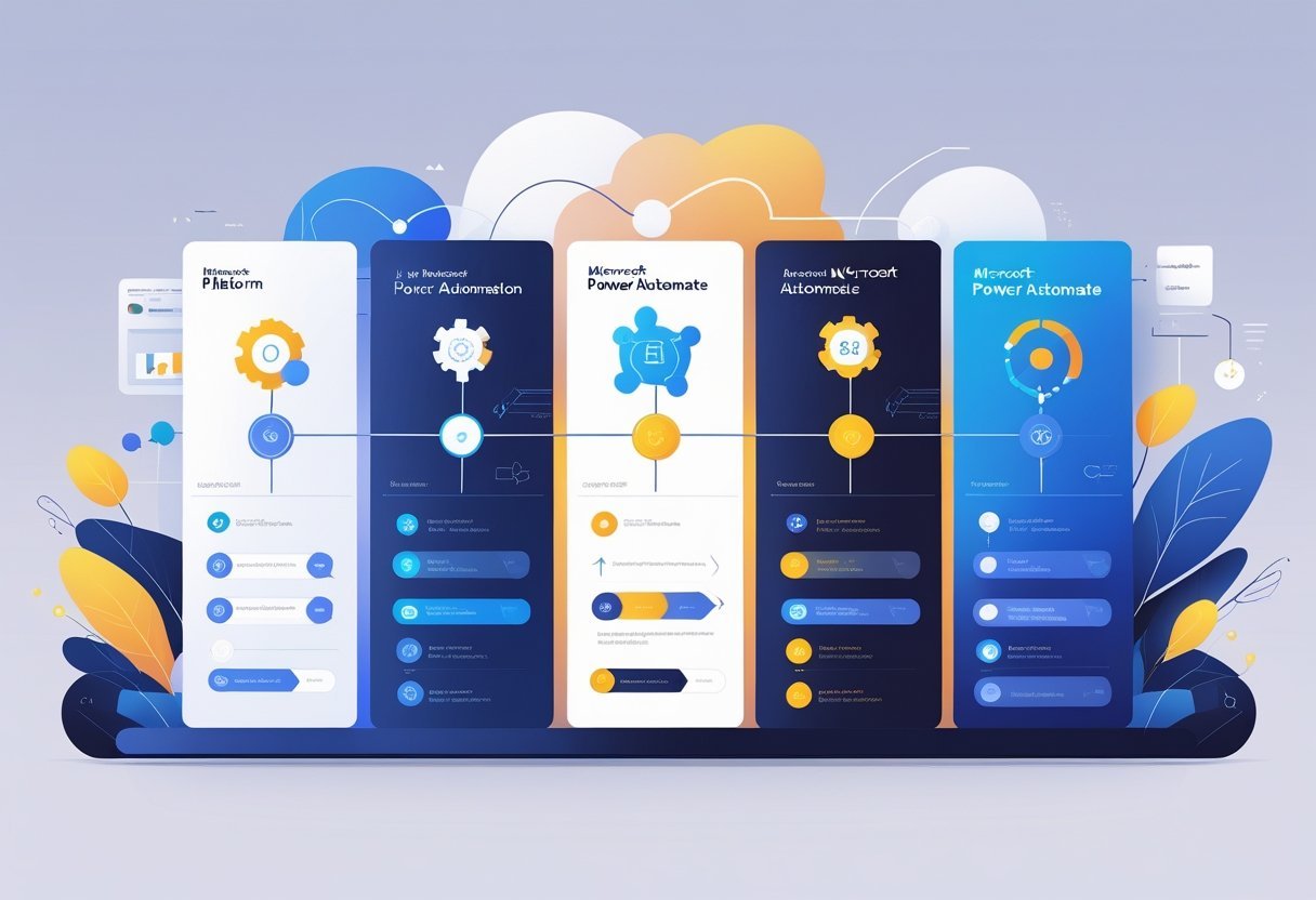 Illustration showing five side-by-side panels representing no-code automation platforms, with the second panel highlighted to emphasize Microsoft Power Automate, featuring abstract icons of automation workflows and technology.