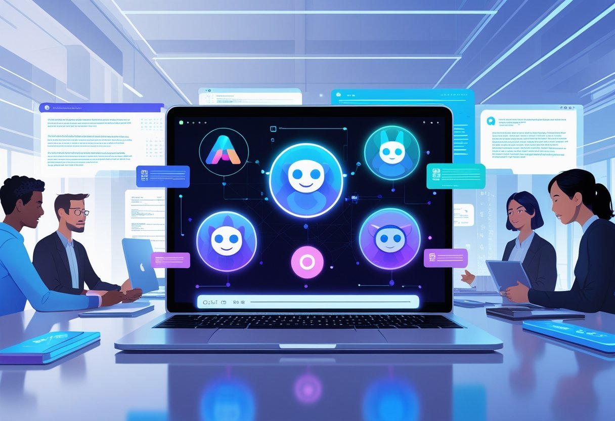 A modern workspace with a laptop surrounded by floating digital screens showing AI content generation, with professionals collaborating in the background.