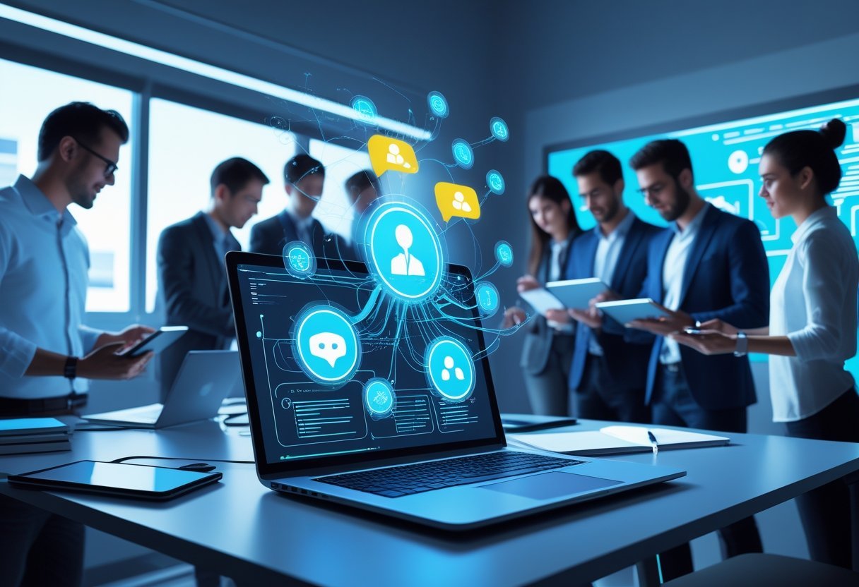 A modern workspace with a laptop showing glowing AI icons and professionals collaborating using digital devices.