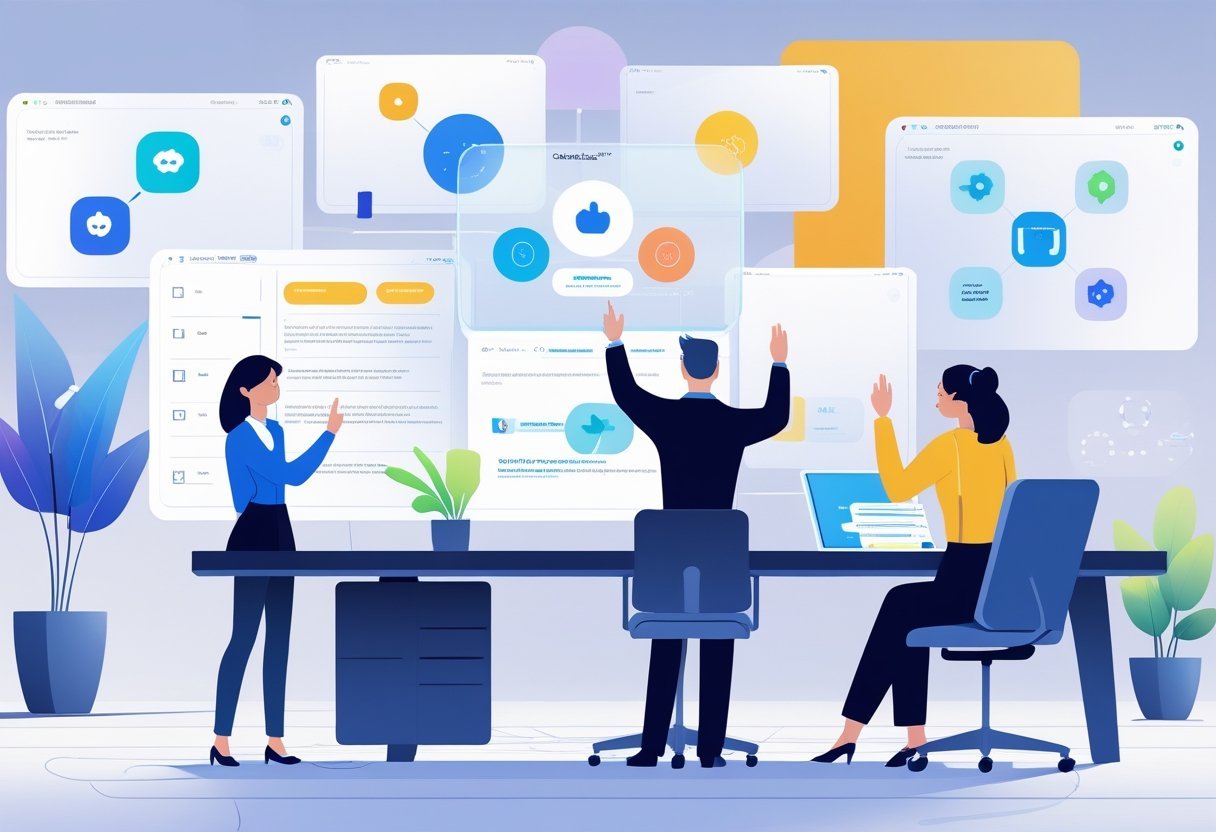A modern office scene with professionals interacting with floating digital screens representing AI tools for fast content creation.