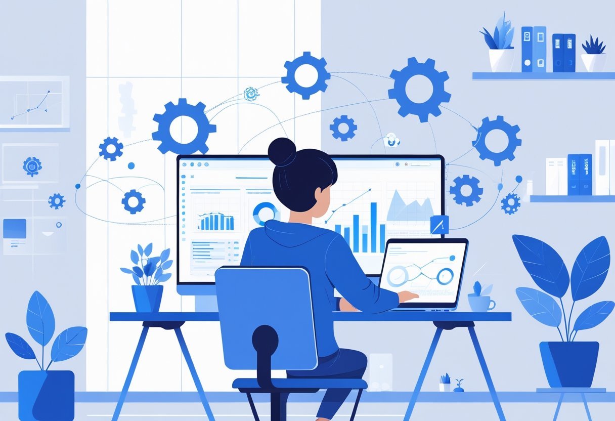 A person working at a desk with a laptop and digital devices surrounded by icons representing automation and technology in a bright home office.