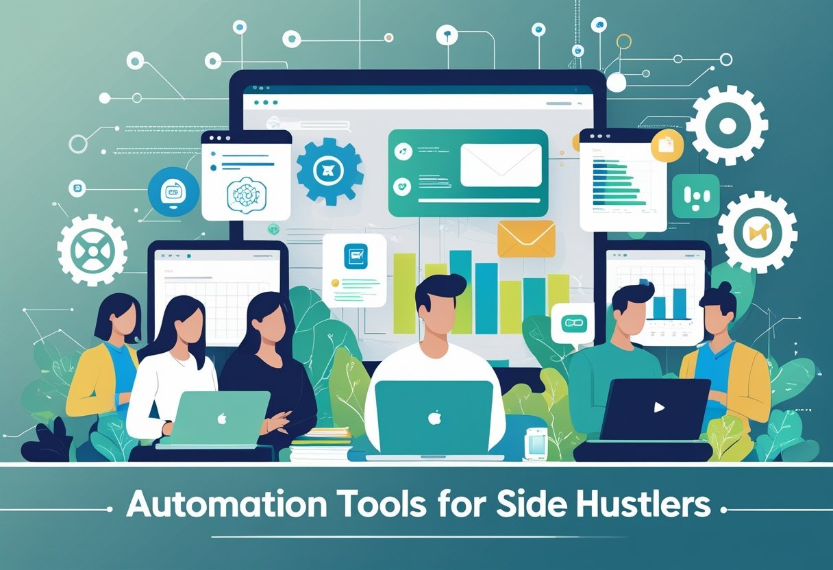 A group of people using laptops and mobile devices surrounded by icons of gears, calendar, email, chatbot, cloud storage, and graphs representing automation tools.